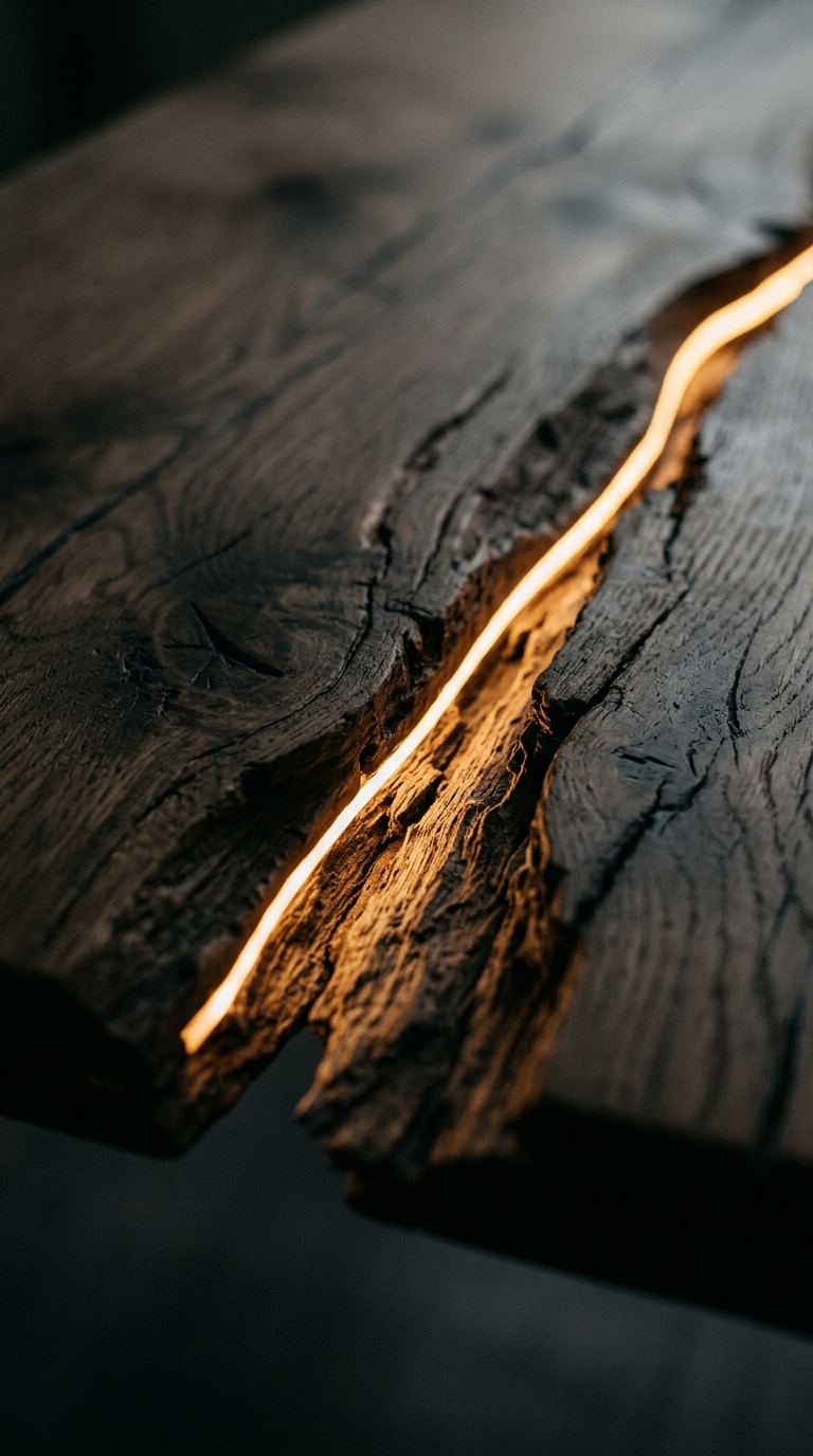 Detalle de madera natural con grietas e iluminación