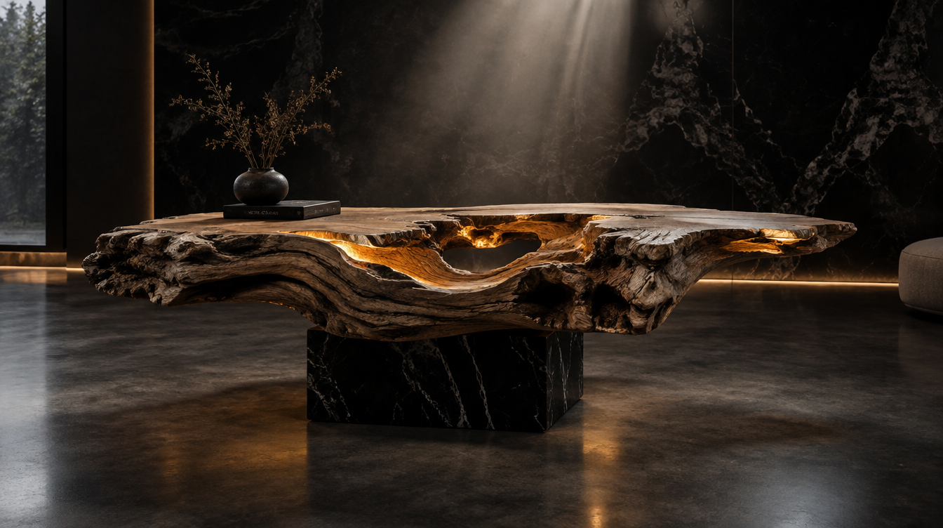 Mesa escultórica NAKOVA realizada con madera maciza recuperada